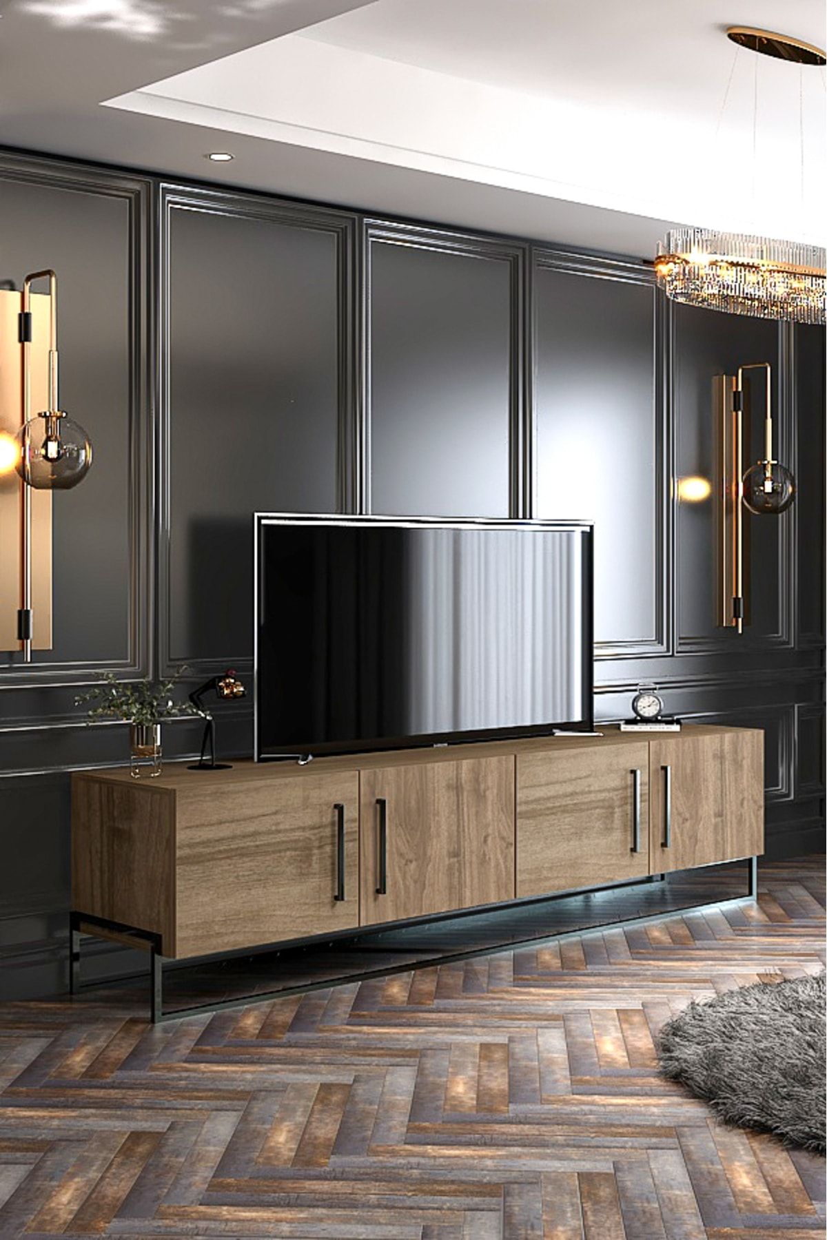 Güneş TV Unit 180 cm Walnut Color Iron Leg