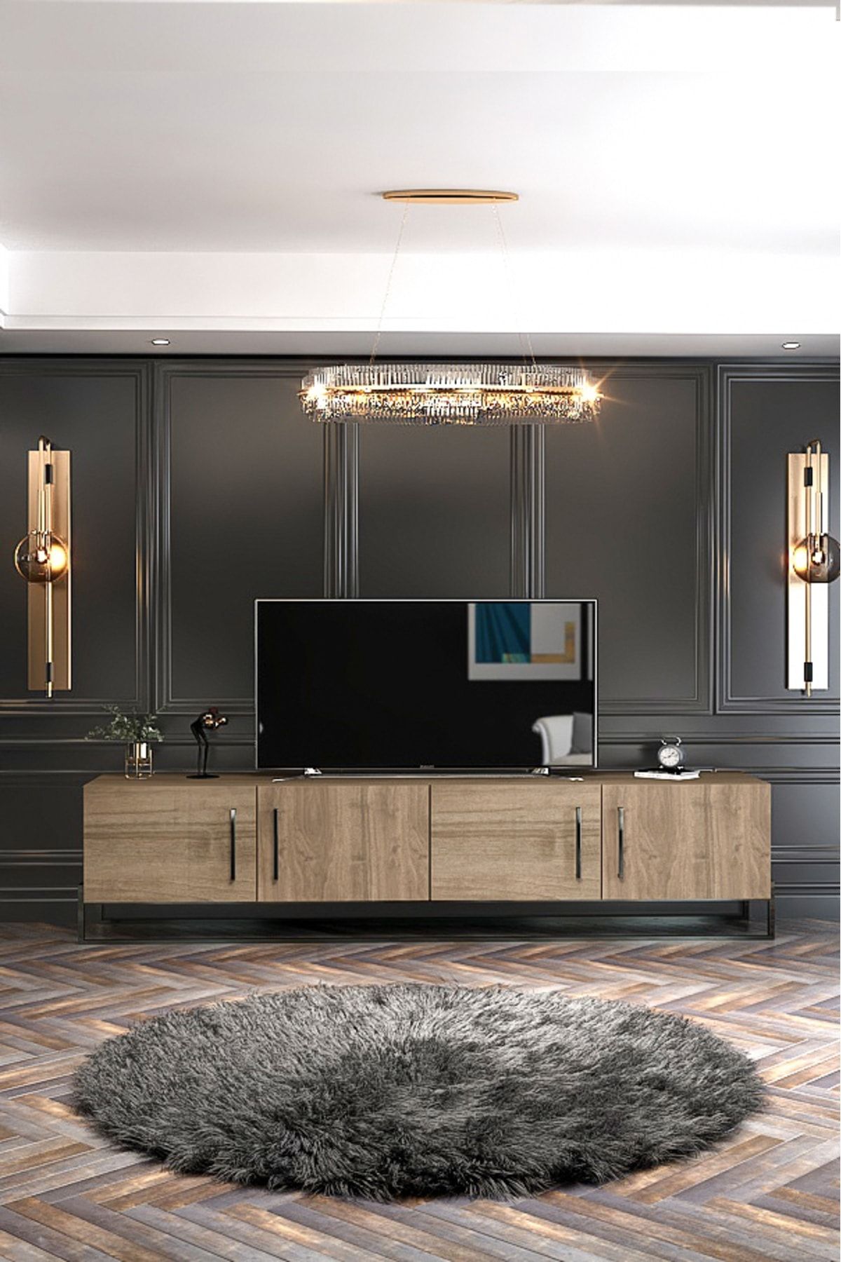 Güneş TV Unit 180 cm Walnut Color Iron Leg