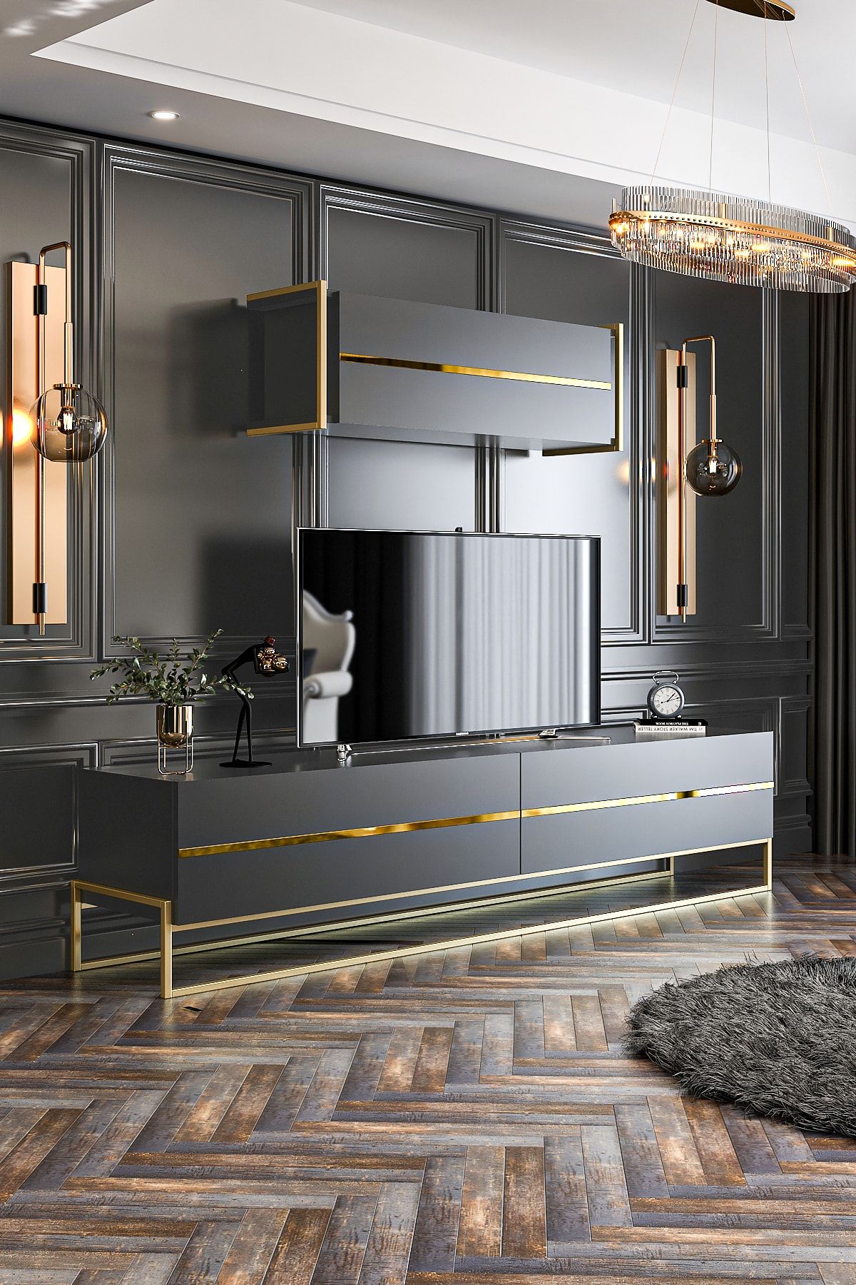 Lyones TV Unit Anthracite Gold 180 Cm