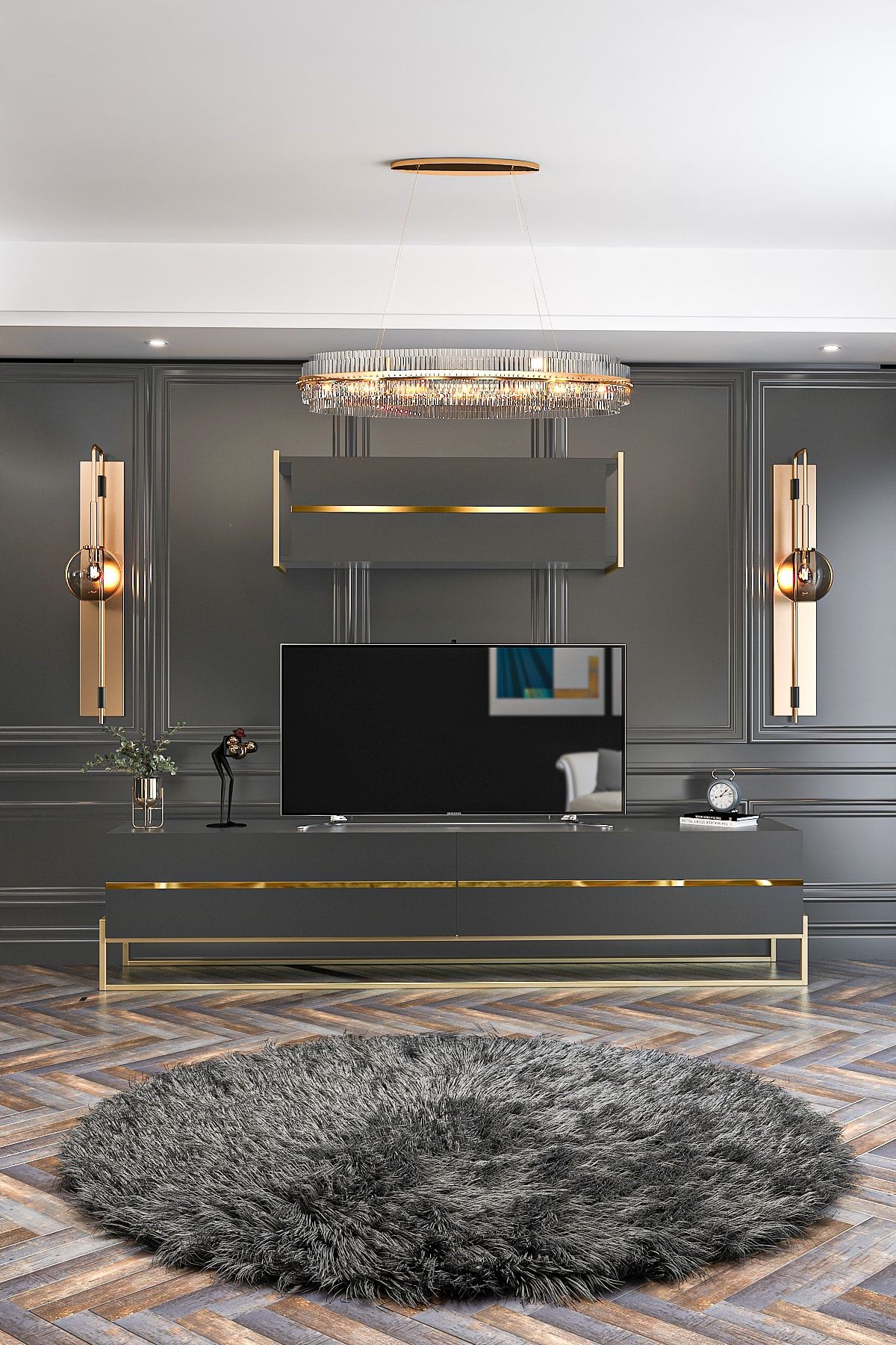 Lyones TV Unit Anthracite Gold 180 Cm