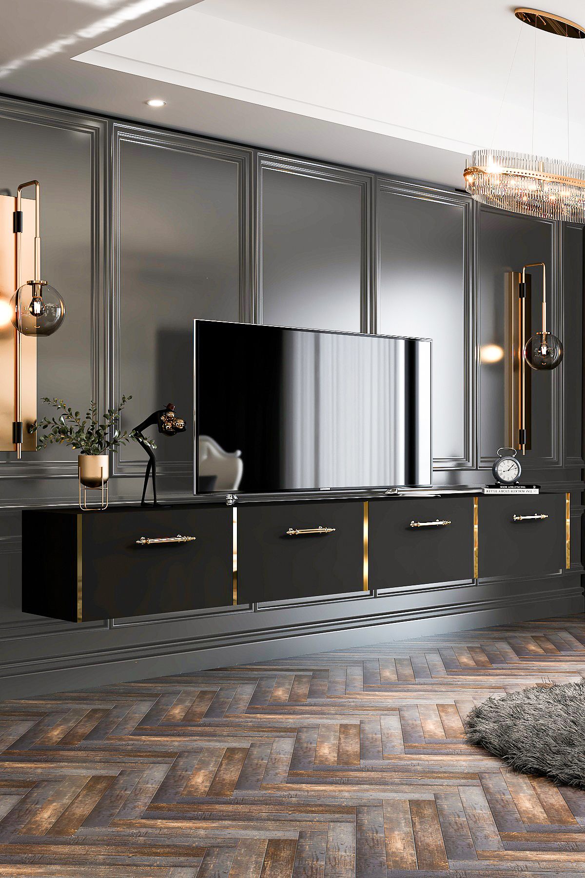 Maria TV Unit Wall Mounted / Standing Use 240 cm Black-Gold