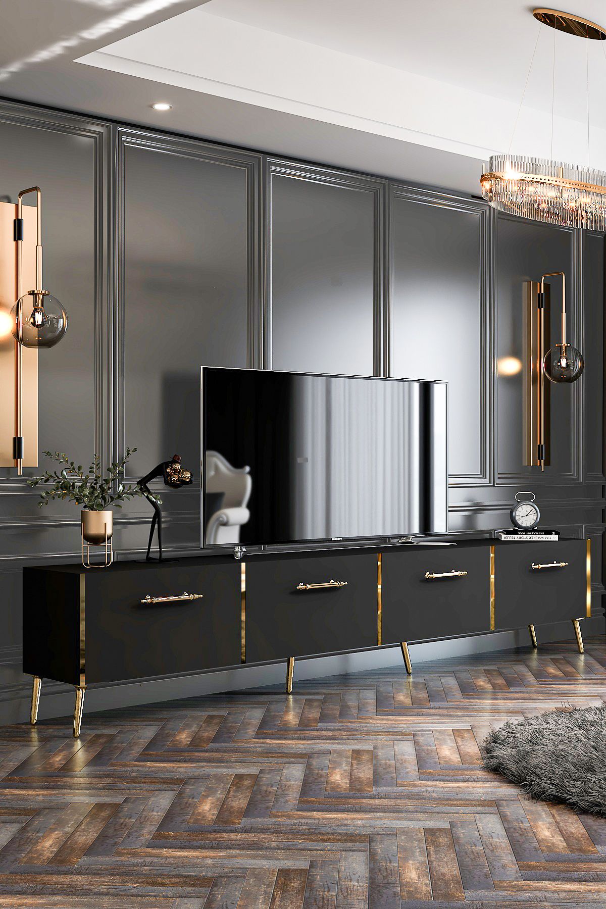 Maria TV Unit Wall Mounted / Standing Use 240 cm Black-Gold