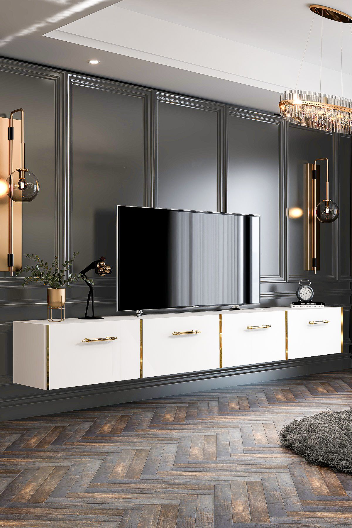 Maria TV Unit Wall Mounted / Standing Use 240 cm White-Gold