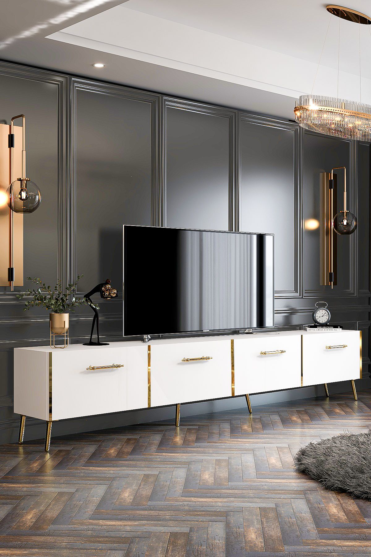 Maria TV Unit Wall Mounted / Standing Use 240 cm White-Gold