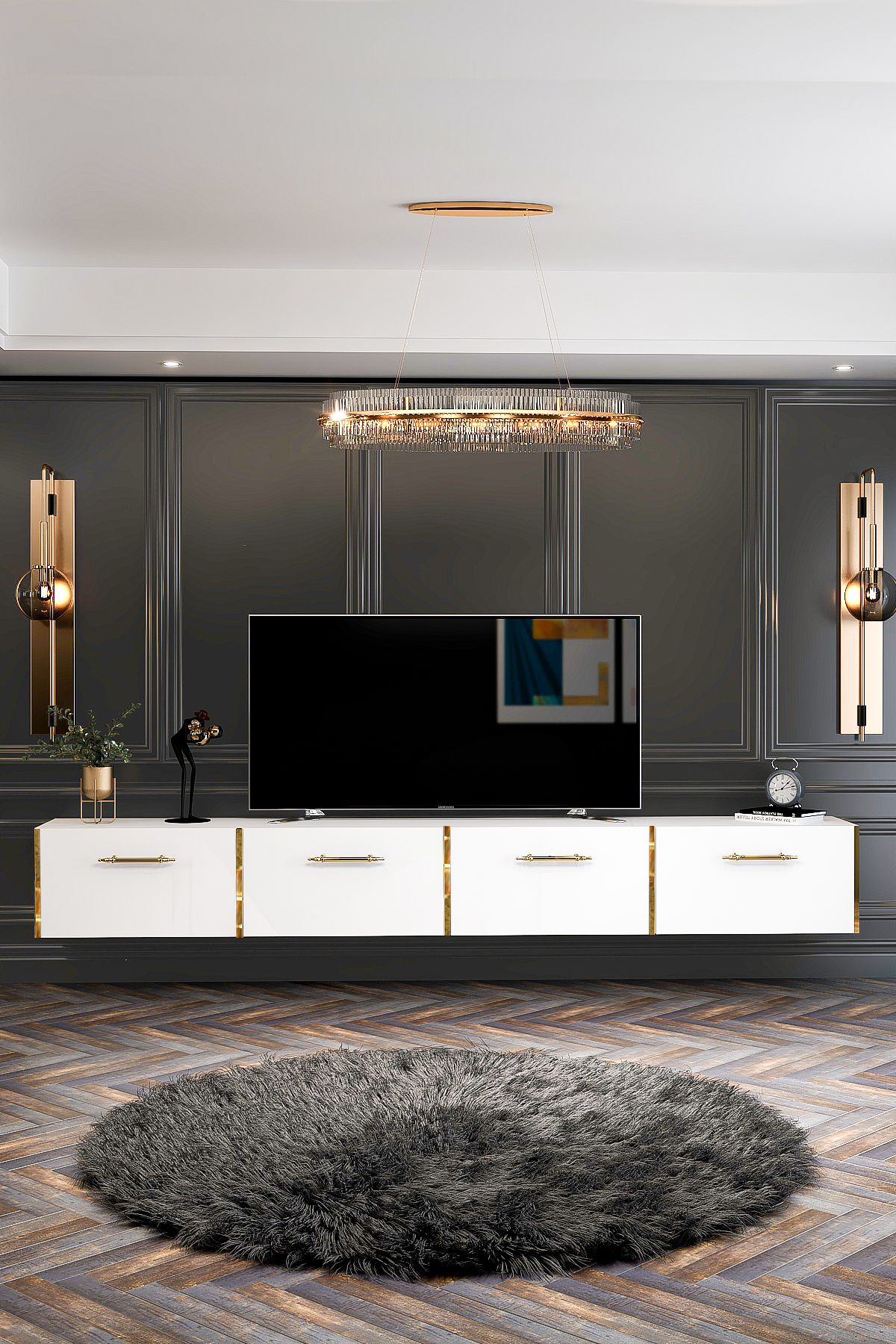 Maria TV Unit Wall Mounted / Standing Use 240 cm White-Gold