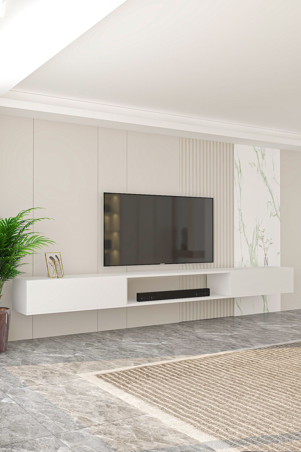 Troya TV Unit 250 cm Wall Mounted 3 Modules White