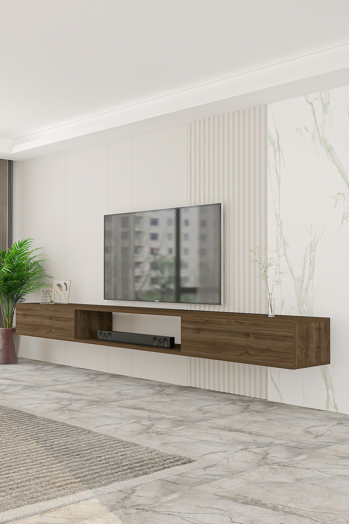 Troya TV Unit 250 cm Wall Mounted 3 Modules Walnut