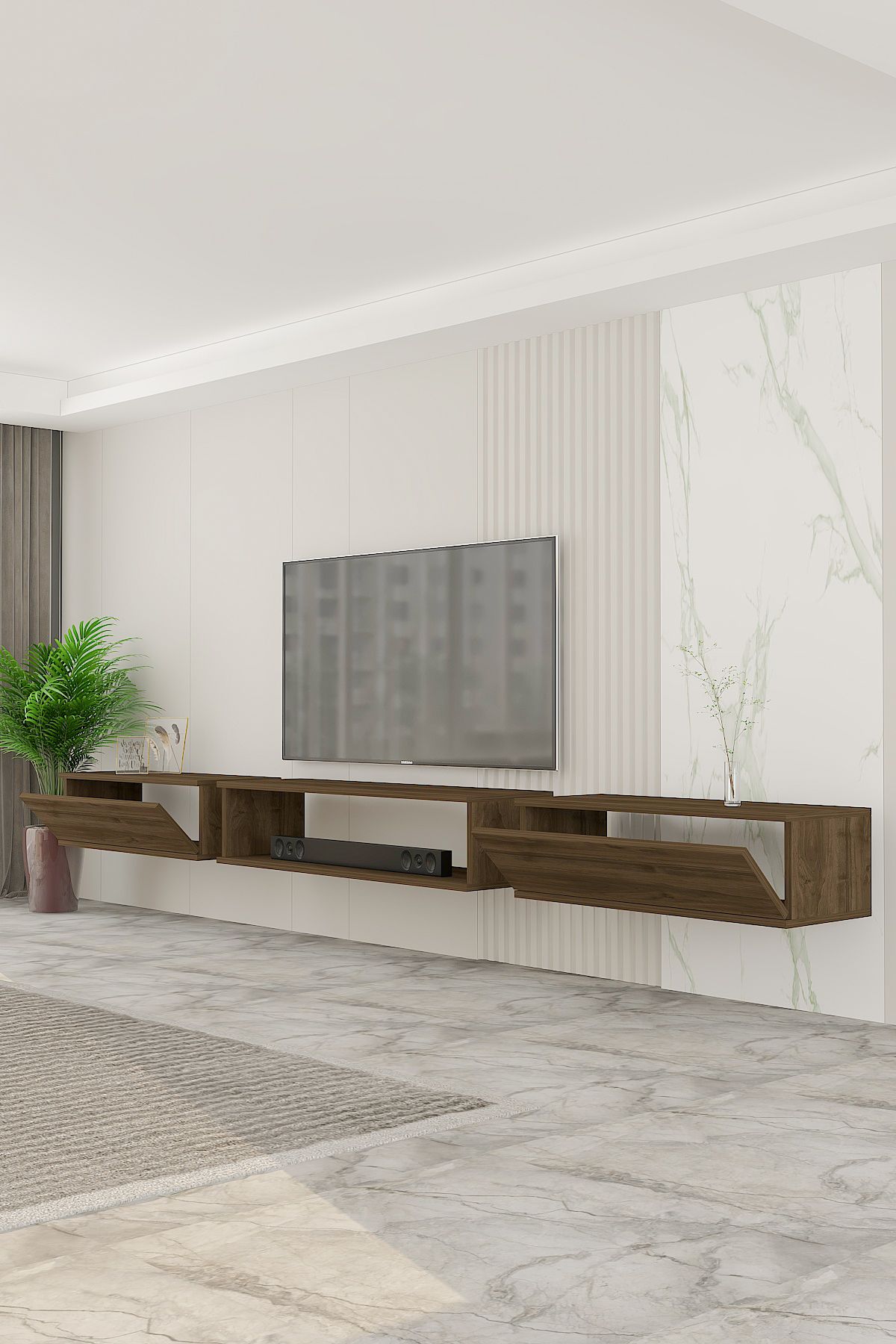 Troya TV Unit 250 cm Wall Mounted 3 Modules Walnut