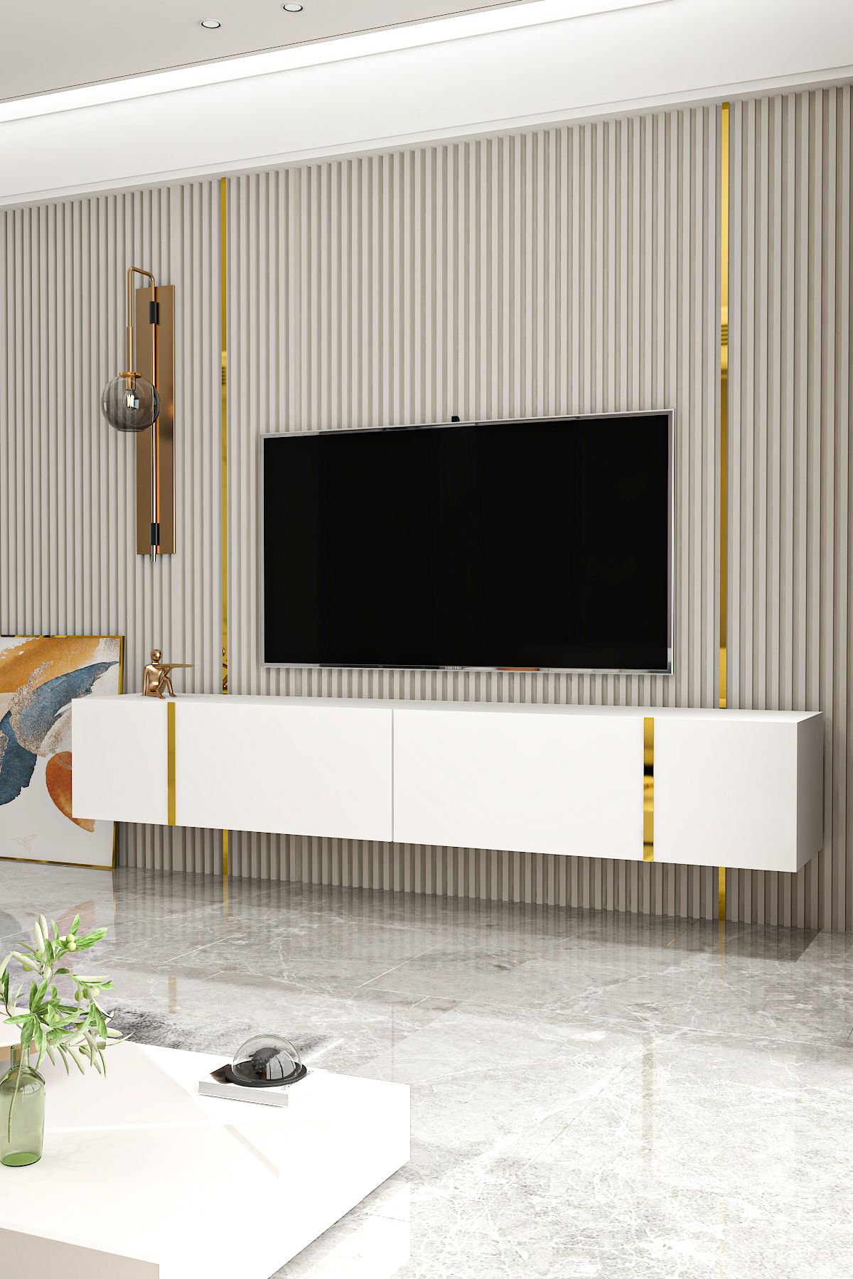 Water TV Unit White Gold 150 Cm Wall Mounted Stand Usage