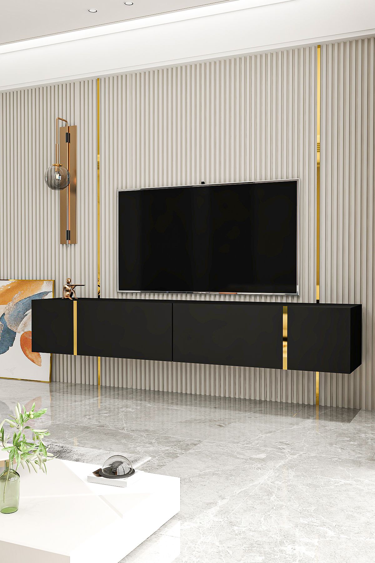 Water TV Unit Black Gold 150 Cm Wall Mounted Stand Usage