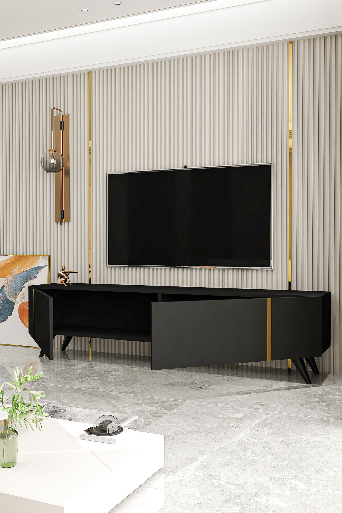 Water TV Unit Black Gold 150 Cm Wall Mounted Stand Usage