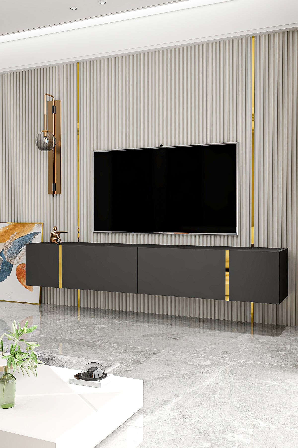 Water TV Unit Anthracite Gold 150 Cm Wall Mounted with Stand