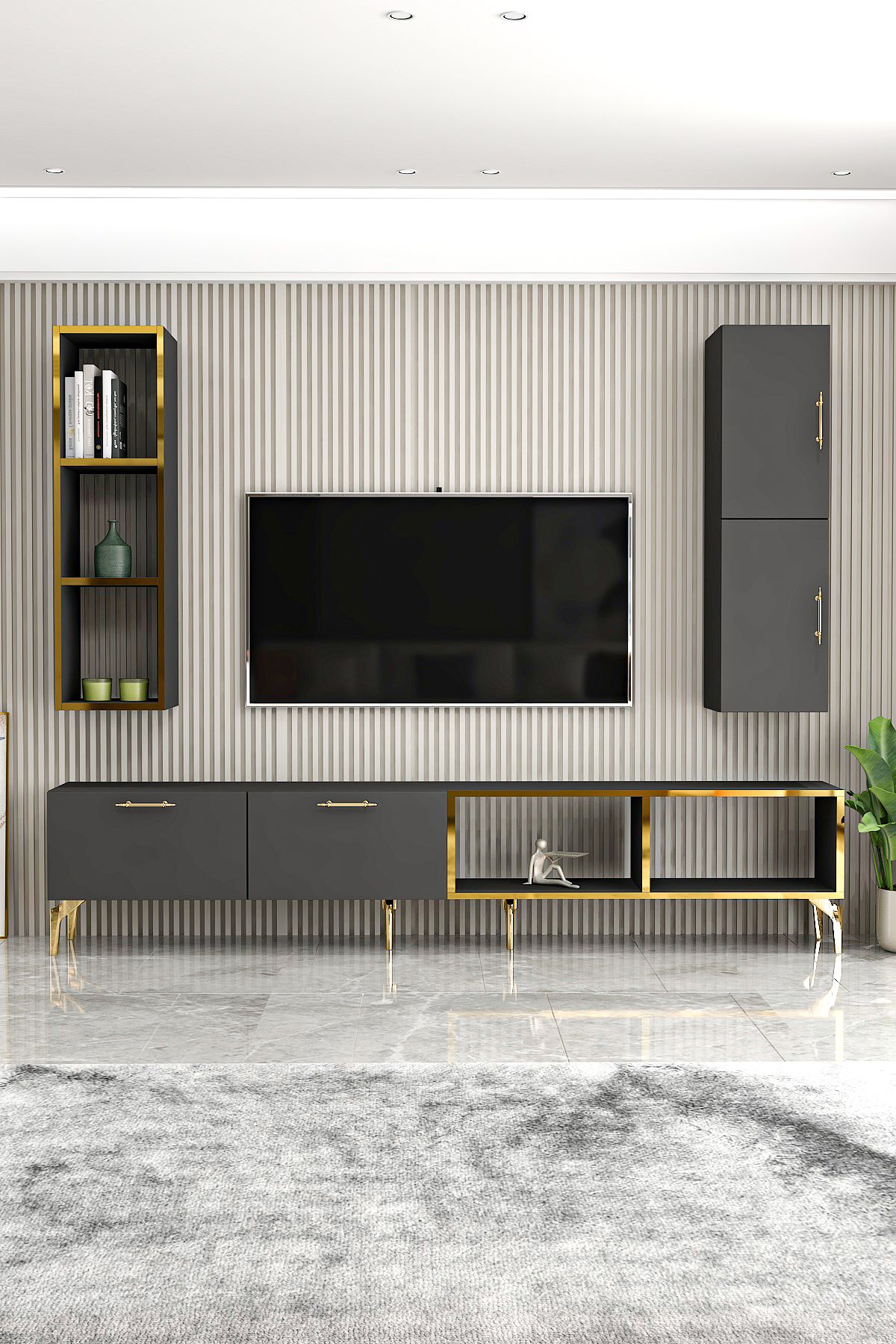 Asna TV Unit with Cabinet 180 cm Anthracite Gold