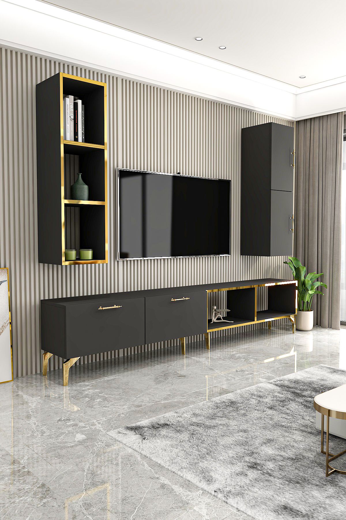 Asna TV Unit with Cabinet 180 cm Anthracite Gold