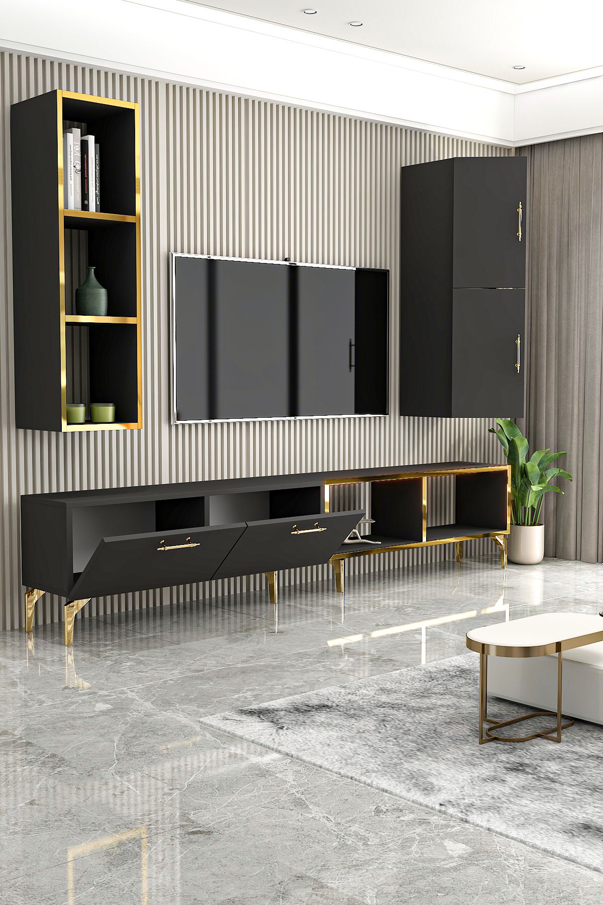 Asna TV Unit with Cabinet 180 cm Anthracite Gold