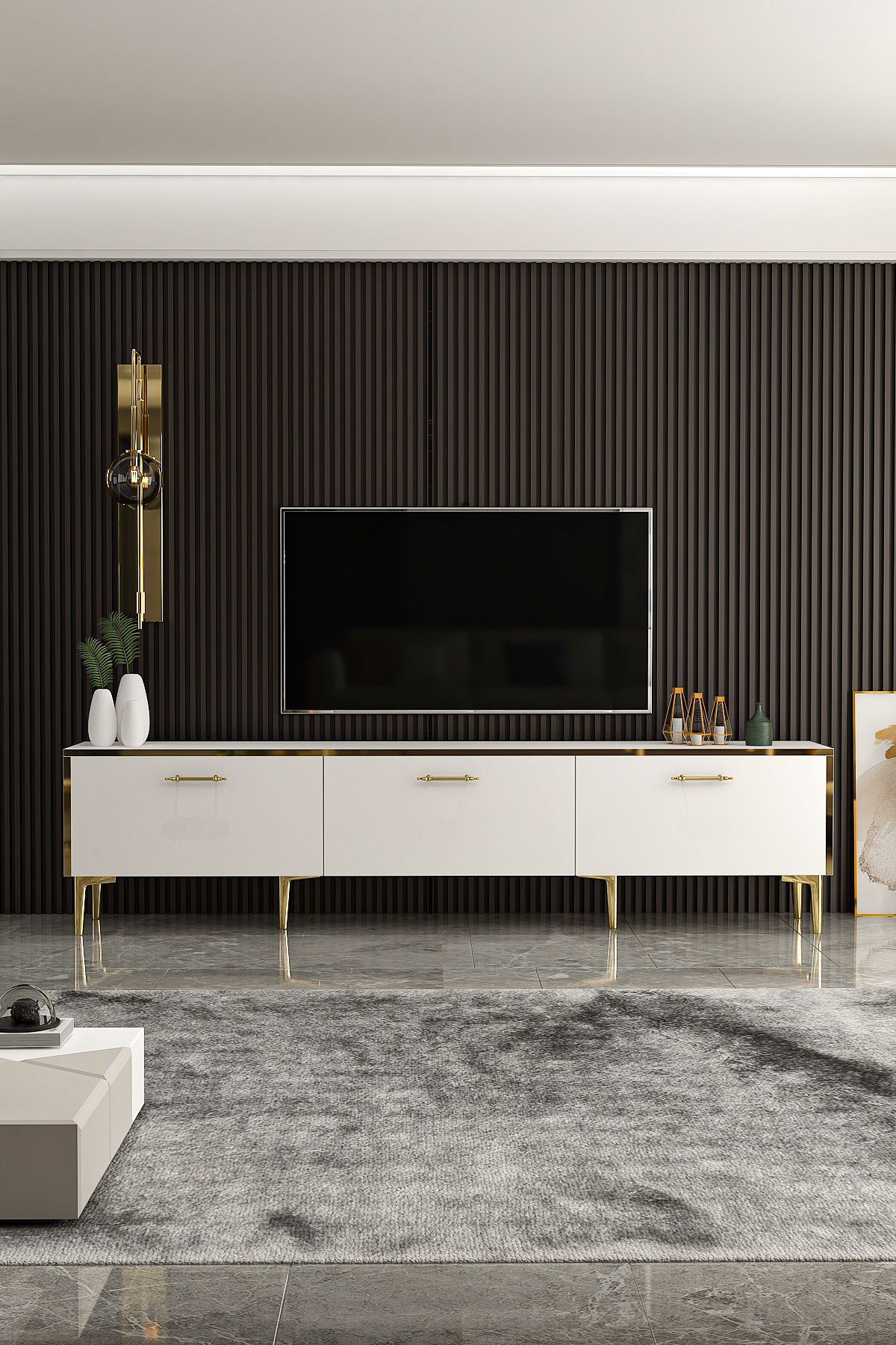 Magnolia 180 cm White TV Unit with Gold Legs