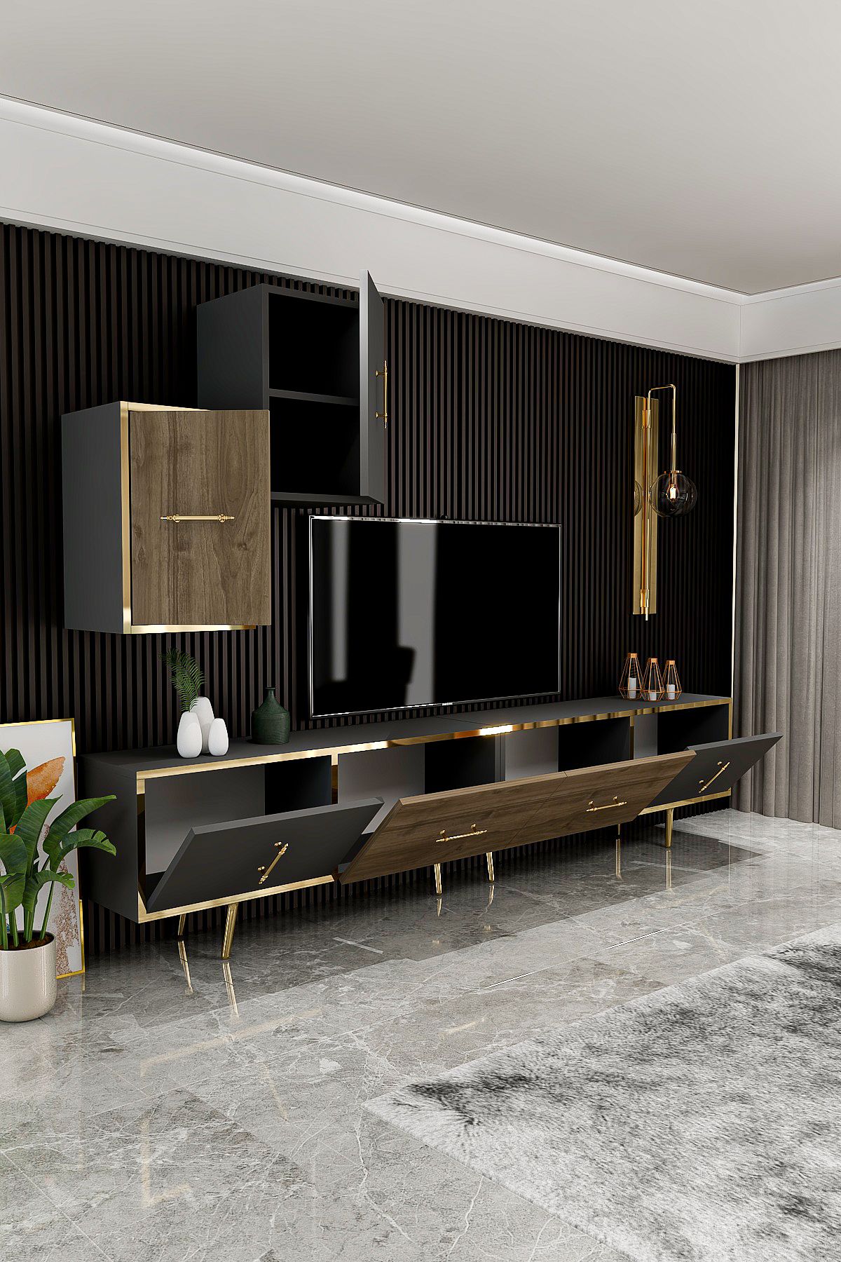 Kylıe TV Unit 200 cm Anthracite Walnut