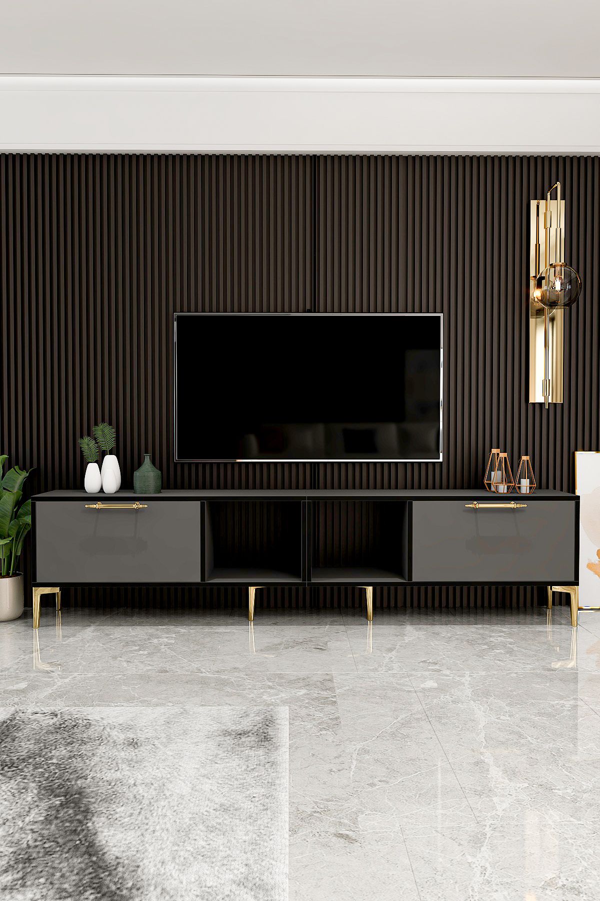 Furniture Toledo TV Unit 200 cm Anthracite-Black Gold