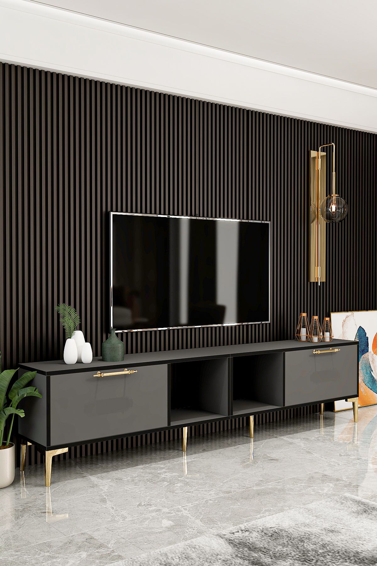 Furniture Toledo TV Unit 200 cm Anthracite-Black Gold