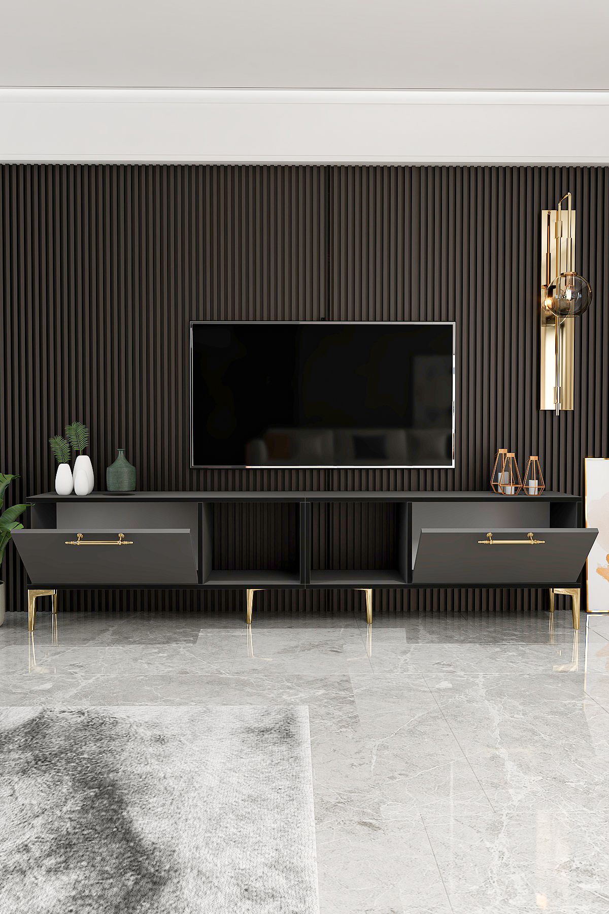 Furniture Toledo TV Unit 200 cm Anthracite-Black Gold