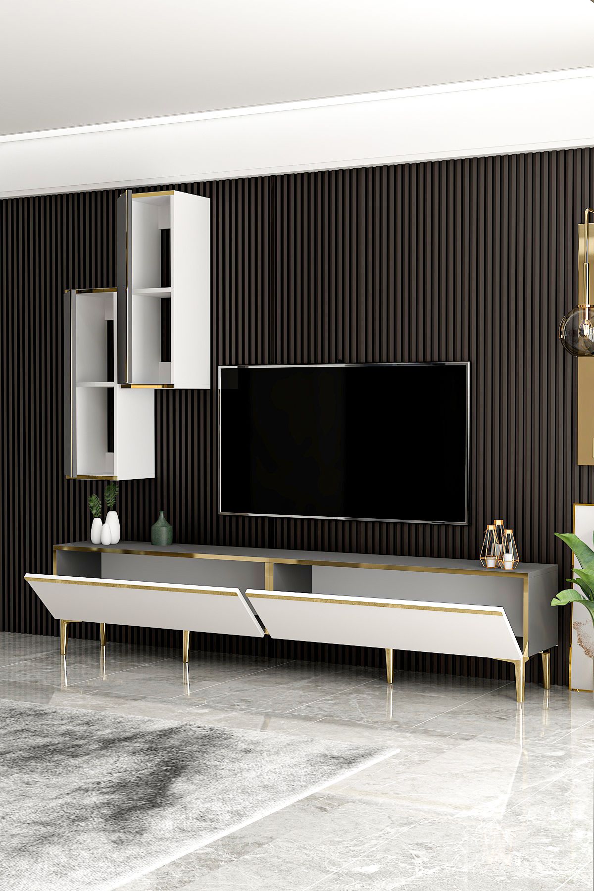 Valeria TV Unit White Anthracite with Gold Legs