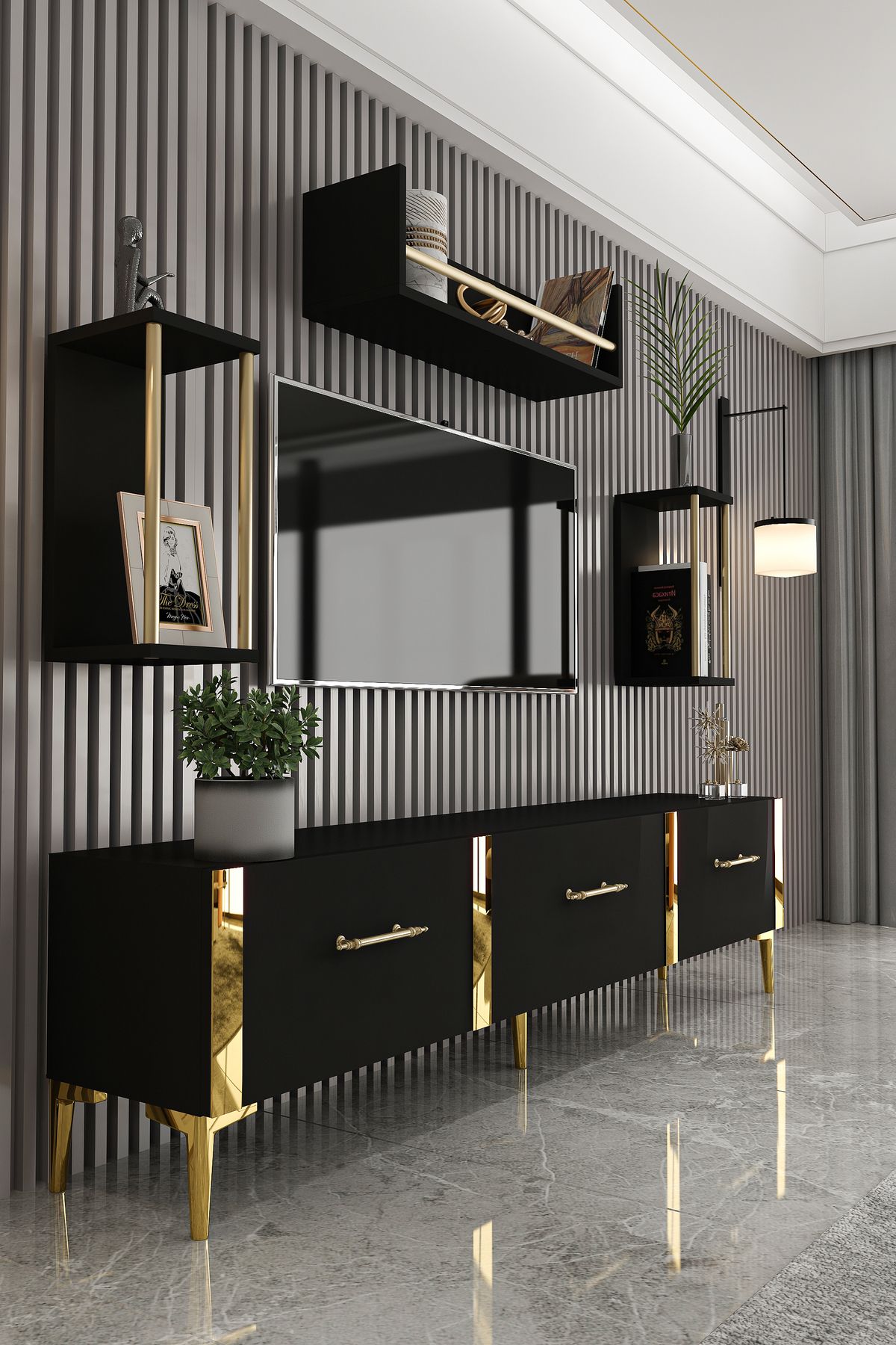 Laura TV Unit Black Gold