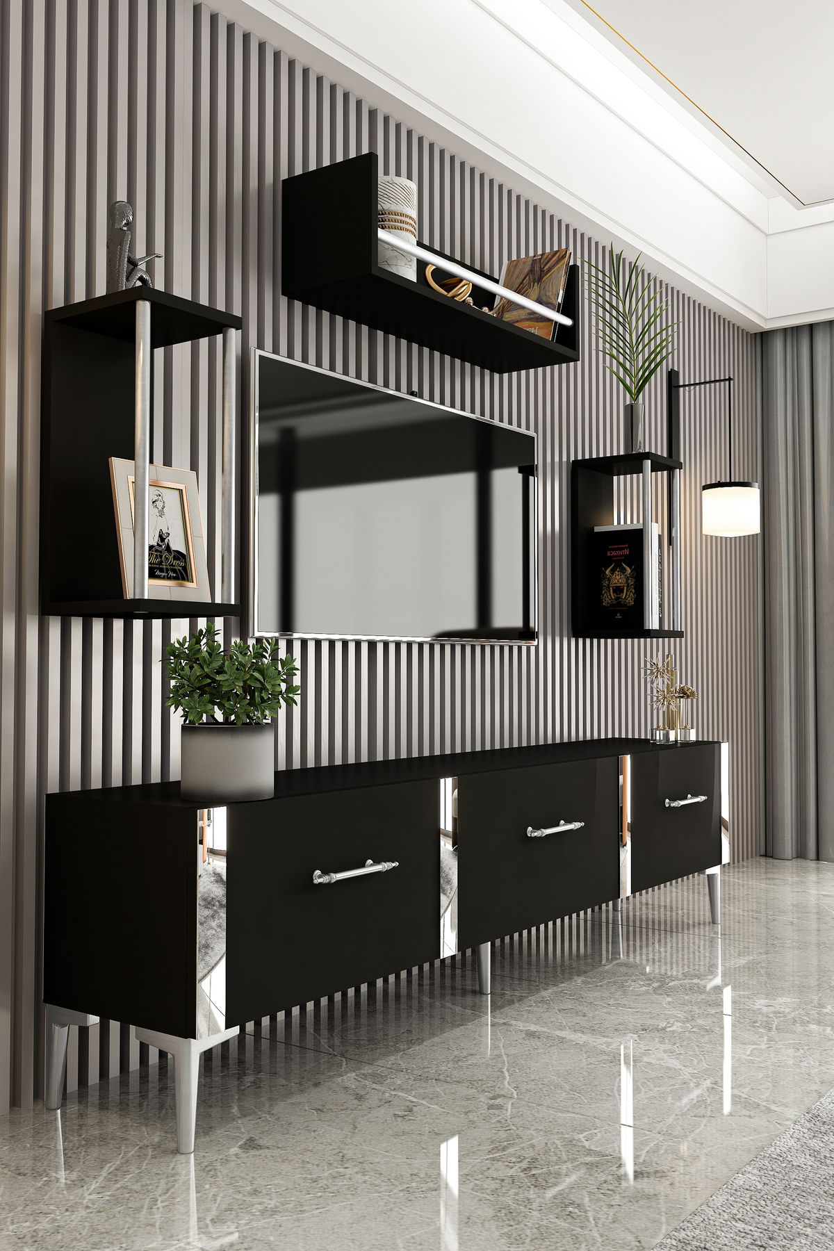 Laura TV Unit Black Silver