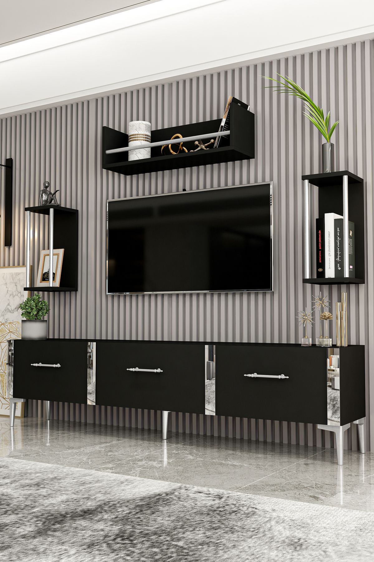 Laura TV Unit Black Silver