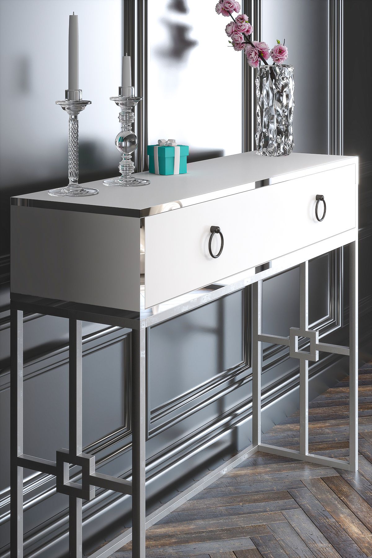 Cassandra Drawer Silver Iron Leg White