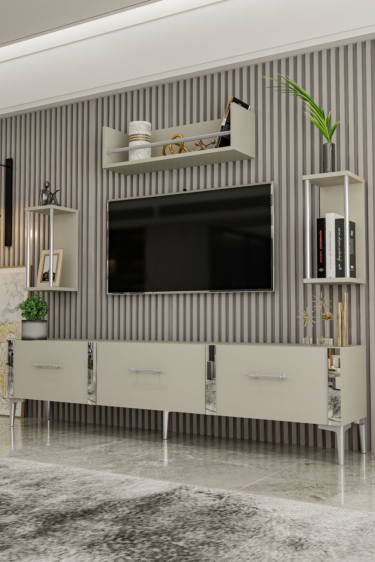 Laura TV Unit Sand Beige Silver