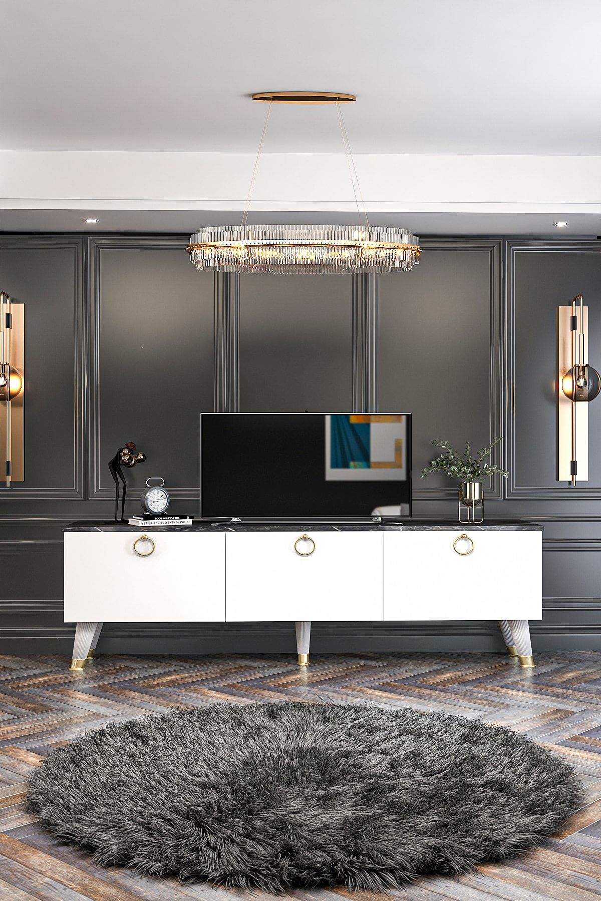 Louis TV Unit White Royal Marble