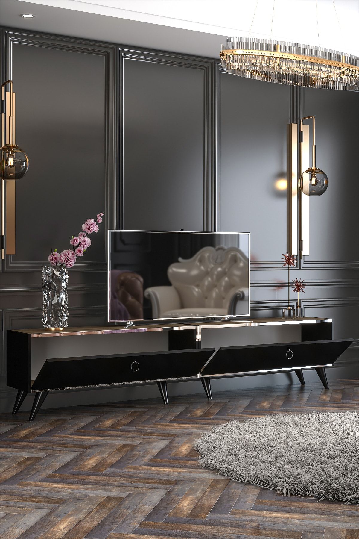 Starlight TV Unit Black Walnut Silver Tape