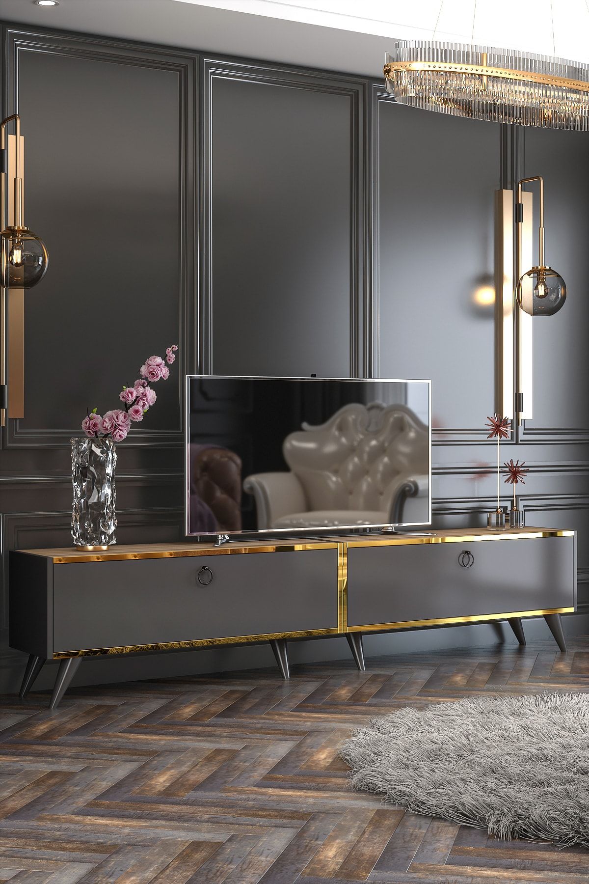 Starlight TV Unit Anthracite Çırağan Gold Tape