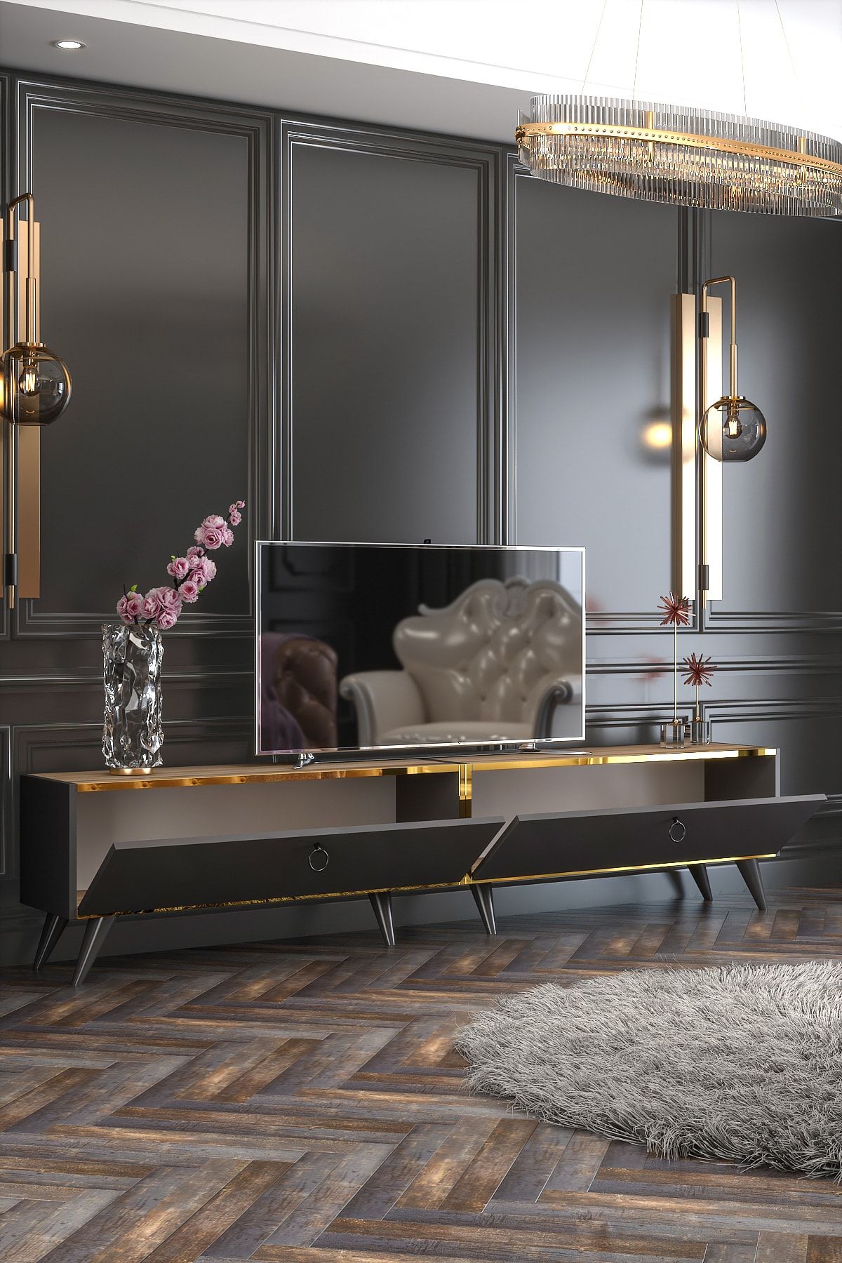 Starlight TV Unit Anthracite Çırağan Gold Tape