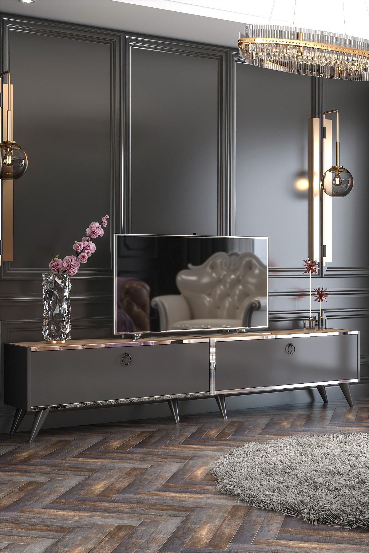 Starlight TV Unit Anthracite Çırağan Silver Tape