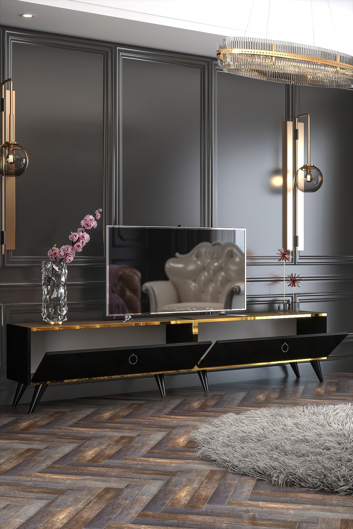 Starlight TV Unit Black Walnut Gold Tape