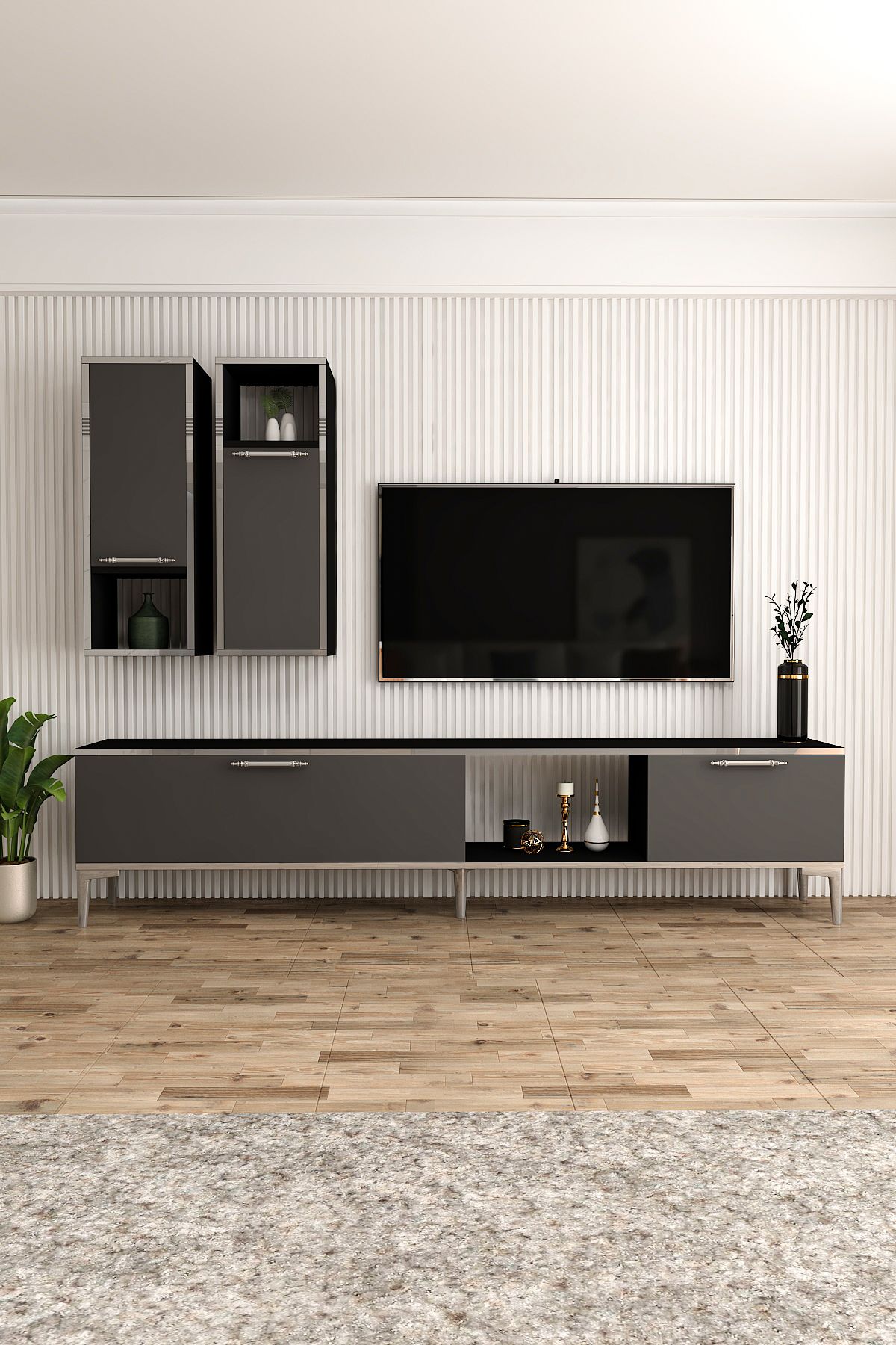 Astera TV Unit 180 Cm Black Anthracite Silver