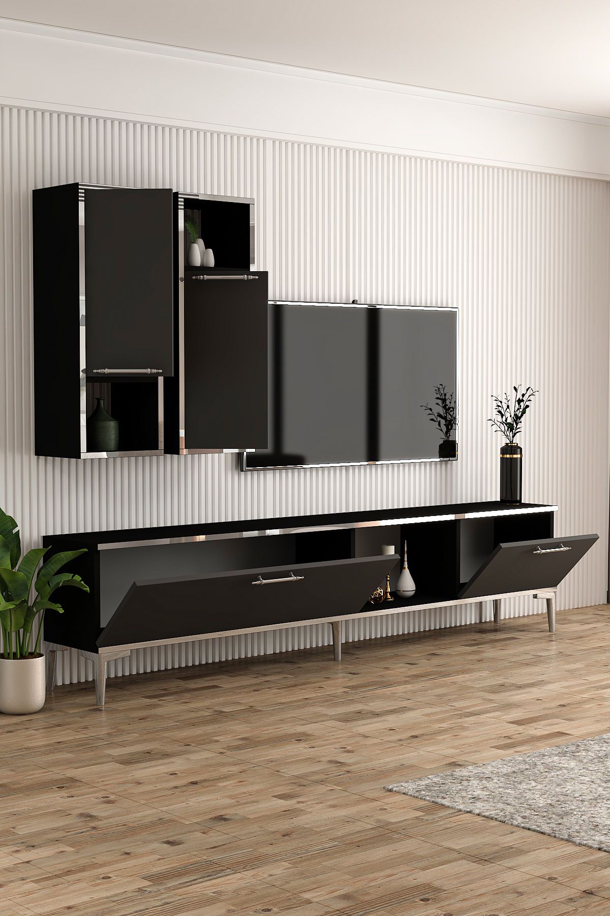 Astera TV Unit 180 Cm Black Anthracite Silver