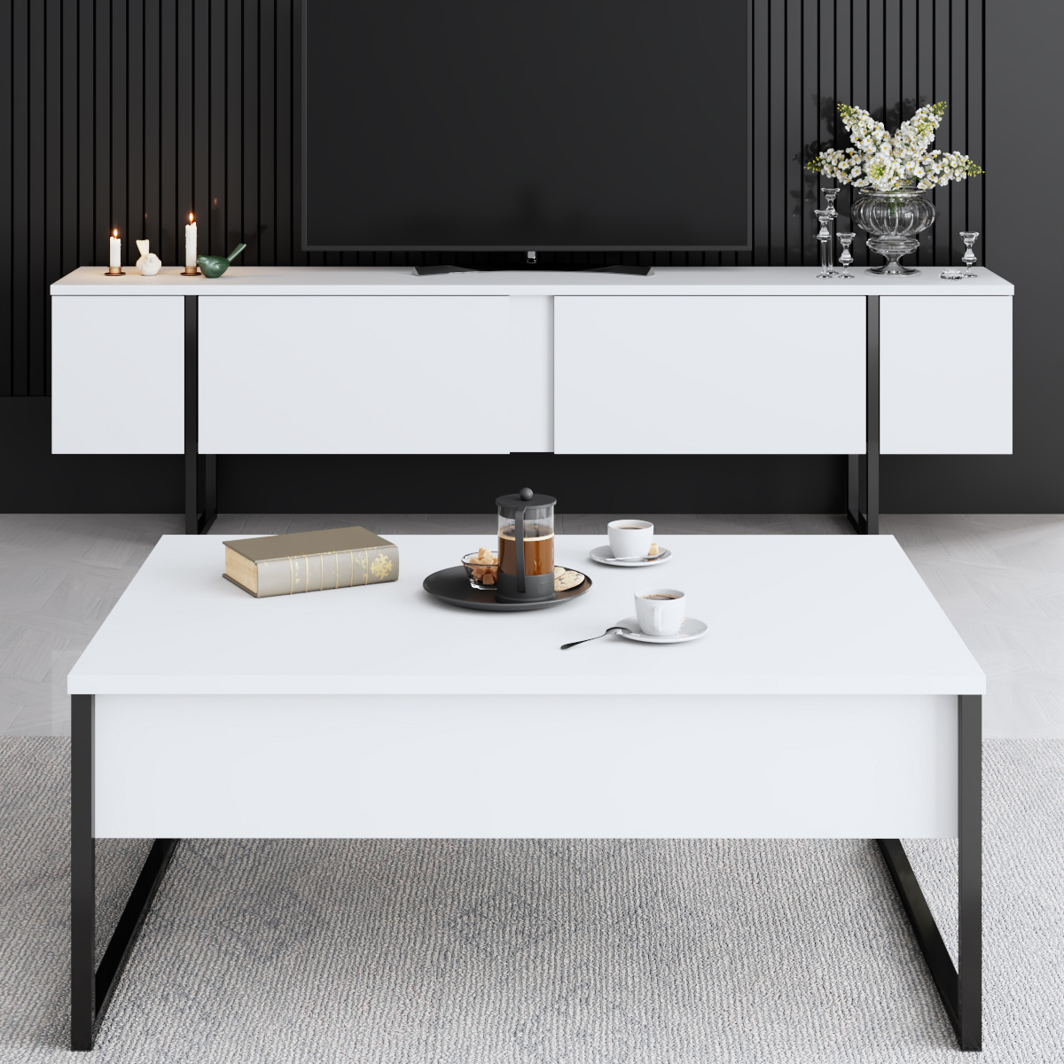 Luxe Tv Stand White-Black 180x30x50 cm