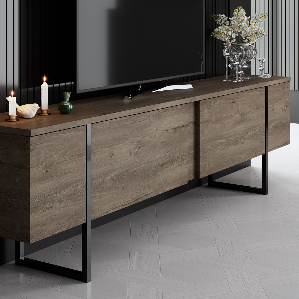 Luxe Tv Stand Walnut-Black 180x30x50 cm