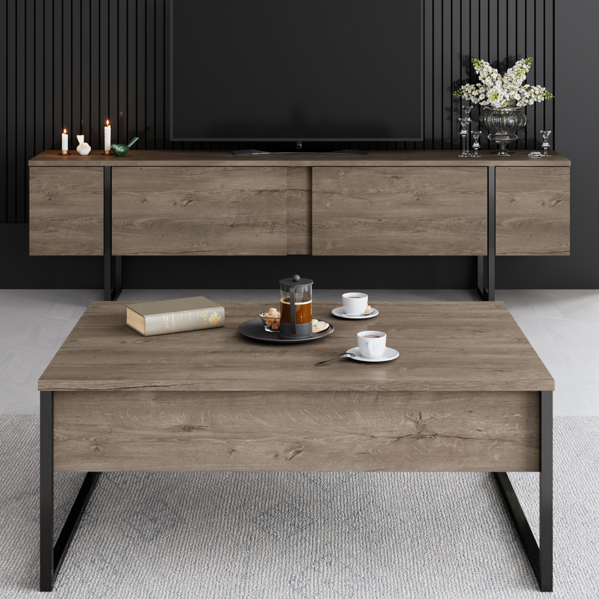 Luxe Tv Stand Walnut-Black 180x30x50 cm