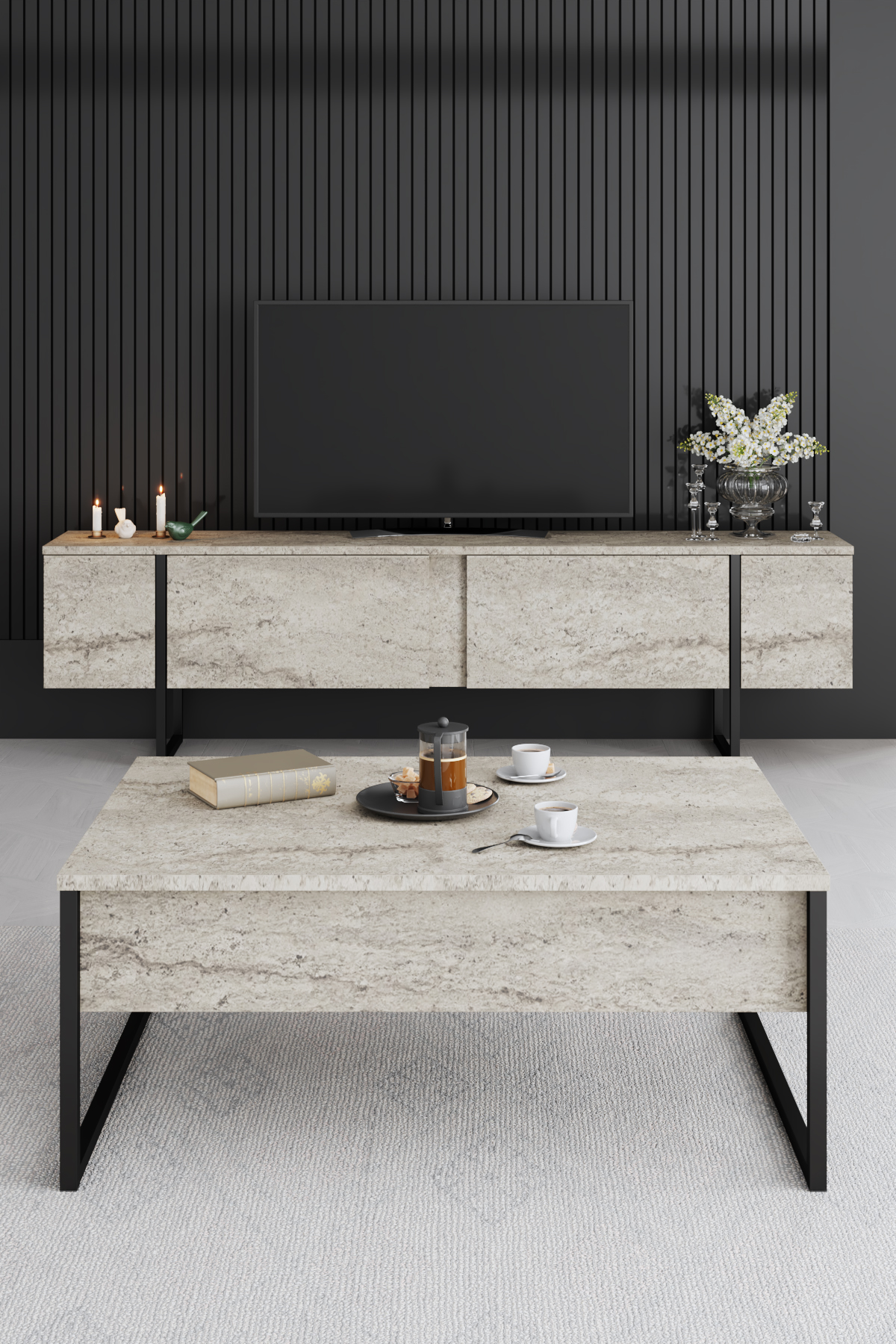 Luxe Tv Stand Marble-Black 180x30x50 cm