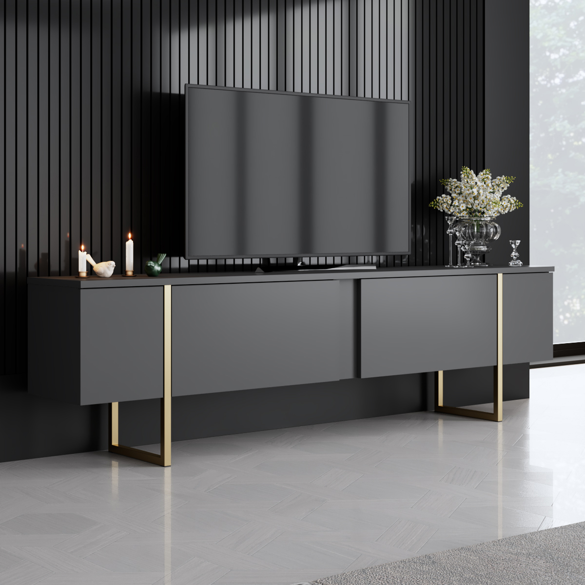 Luxe Tv Stand Anthracite-Gold 180x30x50 cm