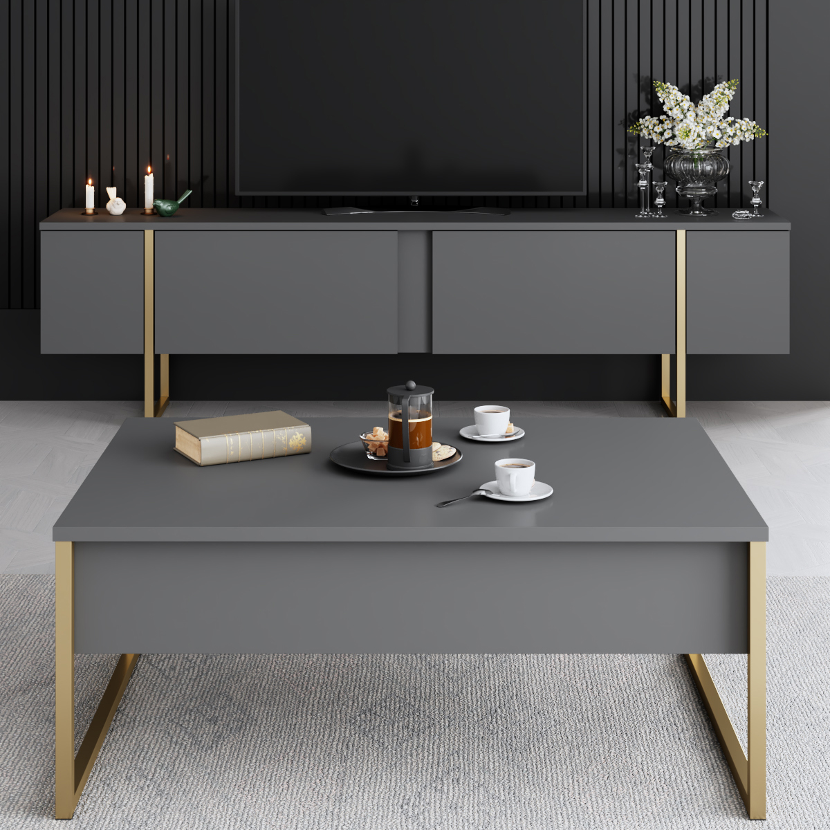 Luxe Tv Stand Anthracite-Gold 180x30x50 cm