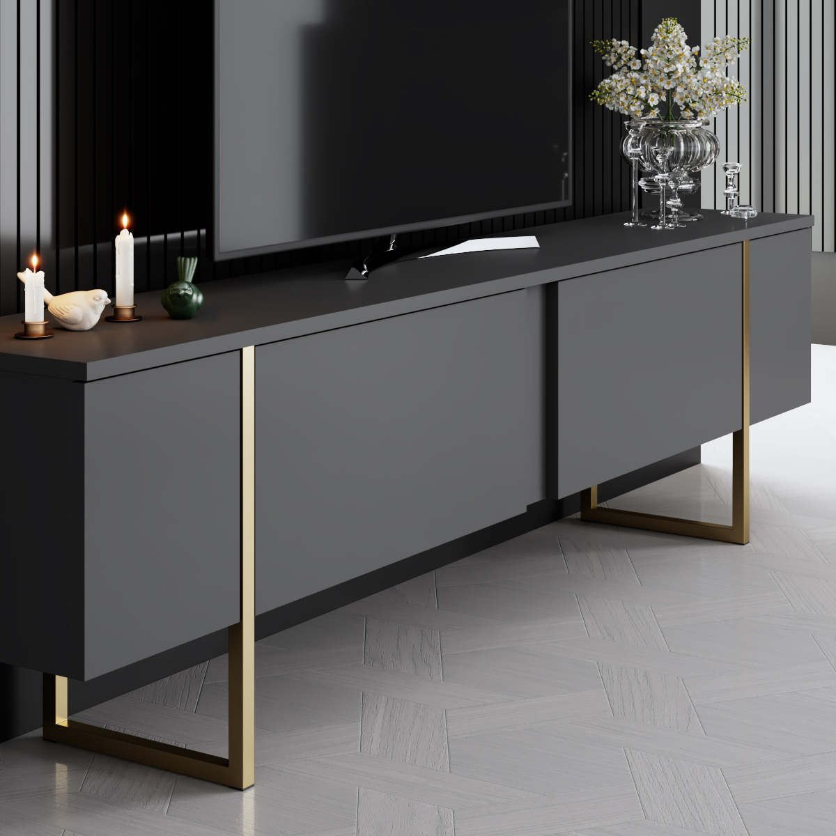 Luxe Tv Stand Anthracite-Gold 180x30x50 cm