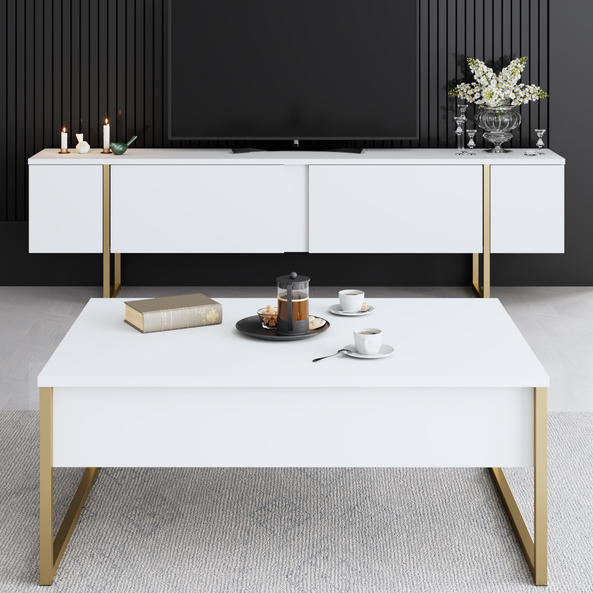 Luxe Tv Stand White-Gold 180x30x50 cm