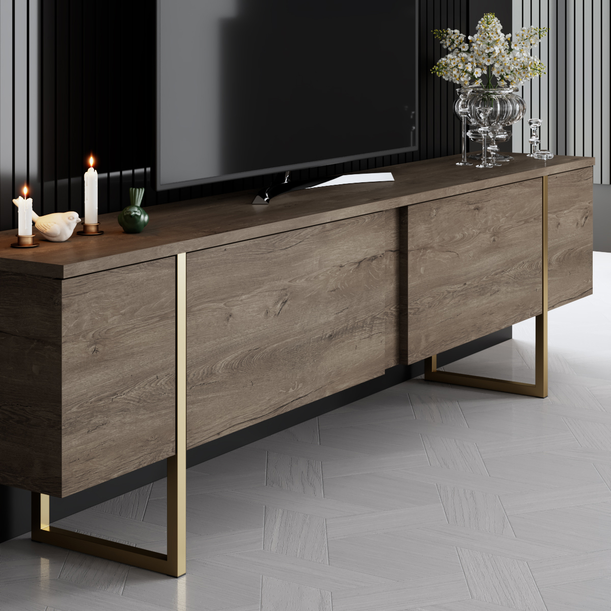 Luxe Tv Stand Walnut-Gold 180x30x50 cm