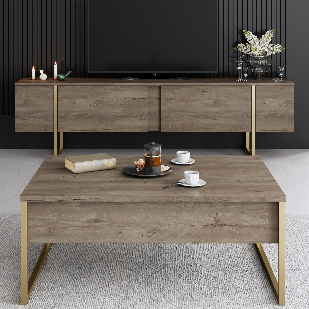 Luxe Tv Stand Walnut-Gold 180x30x50 cm