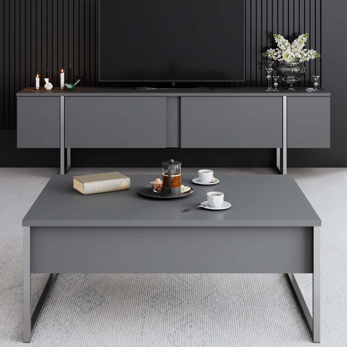 Luxe Tv Stand Anthracite-Silver 180x30x50 cm