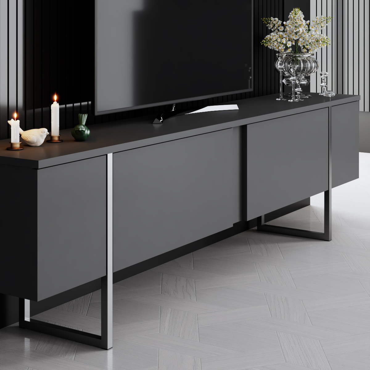 Luxe Tv Stand Anthracite-Silver 180x30x50 cm